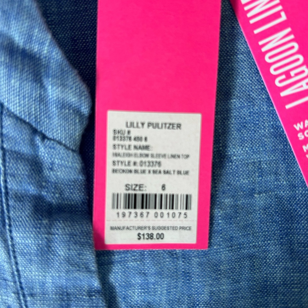 Lilly Pulitzer Mialeigh BLUE Linen Blouse, Size 6 - Picture 6 of 16